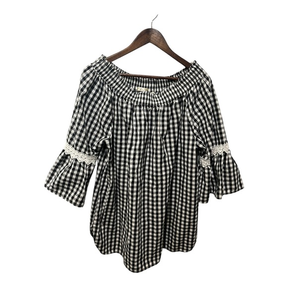 STUDIO WEST APPAREL BLACK AND WHITE GINGHAM SMOCKED FLARE LACE DETAIL SLEEVES - Picture 1 of 16